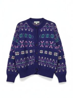 Vintage 80s Benetton 50 Blue Mohair Wool Blend Nordic Cardigan Sweater Cottage